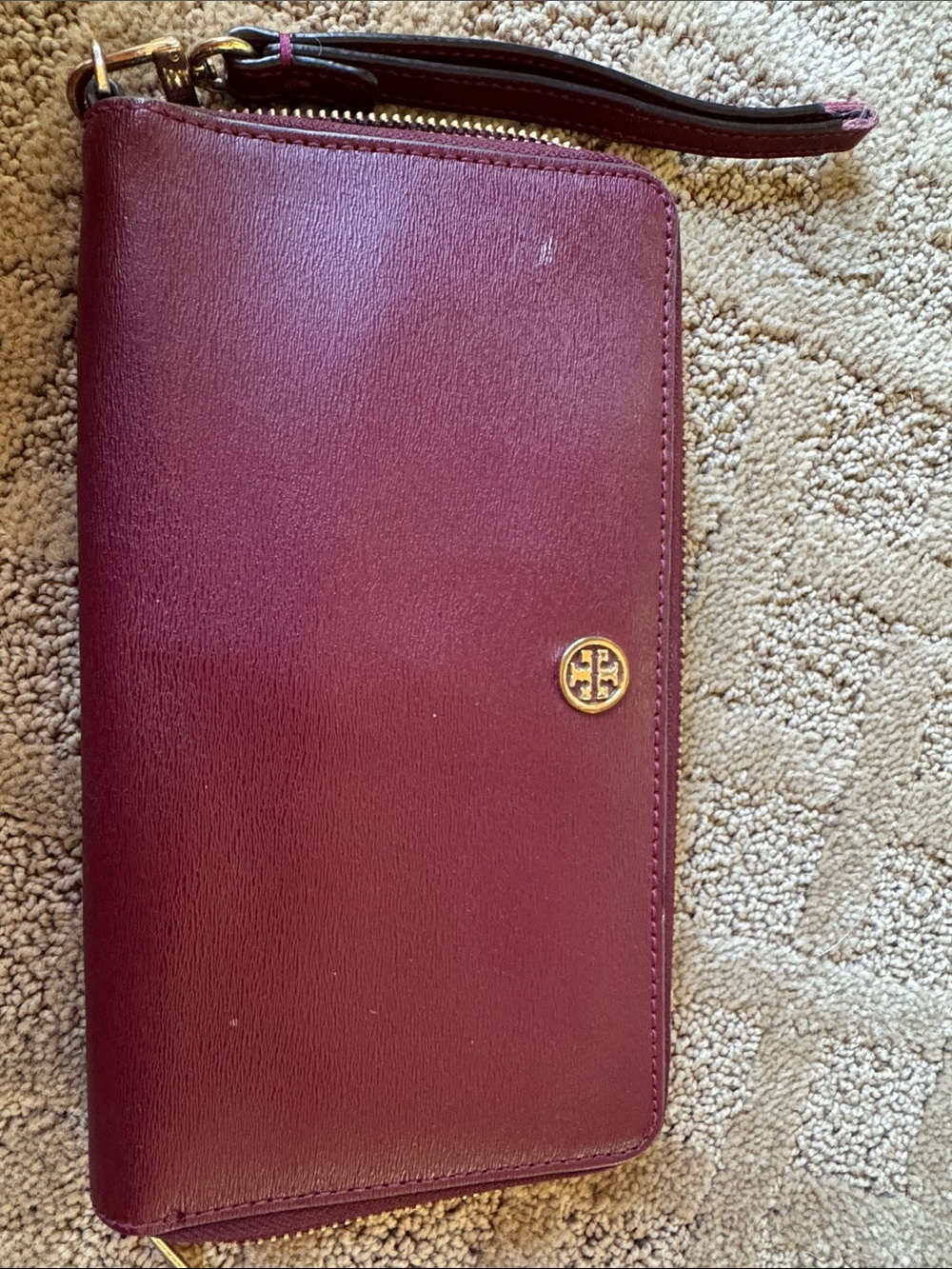 Tory Burch Wine Leather Zip Wristlet with Gold Logo